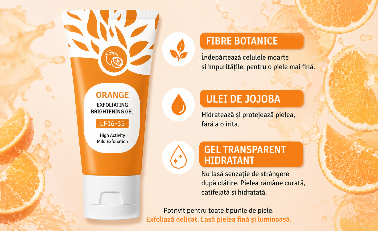 🍊 Gel Exfoliant cu Portocale – Îndepărtează Celulele Moarte și Redă Strălucirea